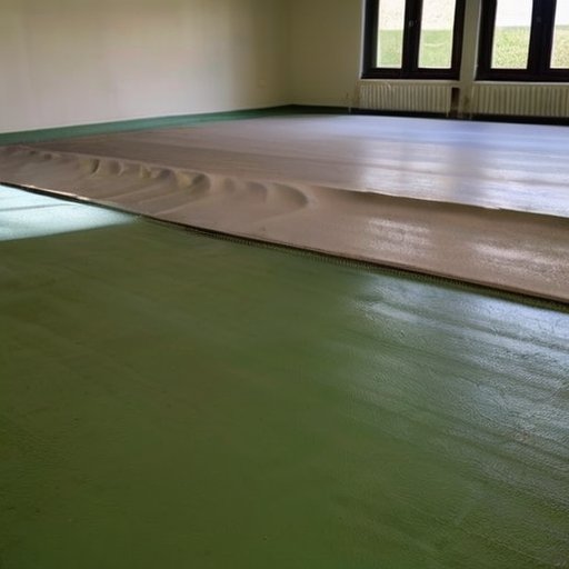 Строительная площадка с свежезалитым полусухим стяжкой, инструменты и поливочные принадлежности на переднем плане.