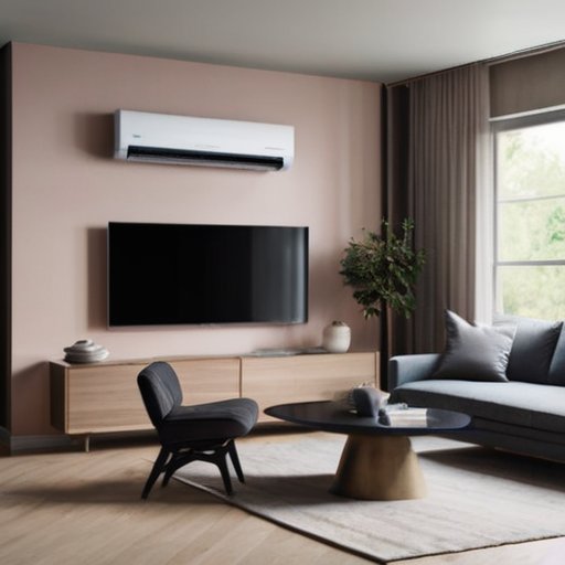 Современная гостиная с элегантным кондиционером и стильным шкафом.