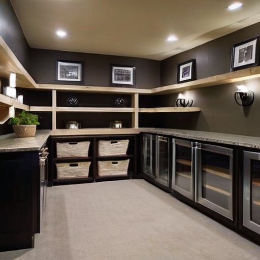 Уютный и функциональный подвал с высокими потолками, организованными полками и хорошим освещением.