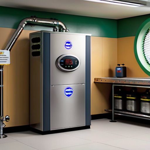 Современный газовый котел в хорошо вентилируемом помещении, с трубами и манометрами, безопасными знаками и инструментами.