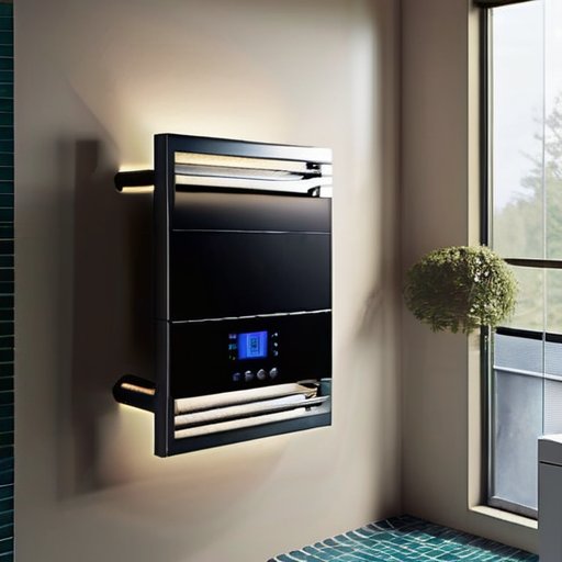 Электрический сушитель для полотенец на стене современного ванной, с цифровым термостатом и светящимися элементами.