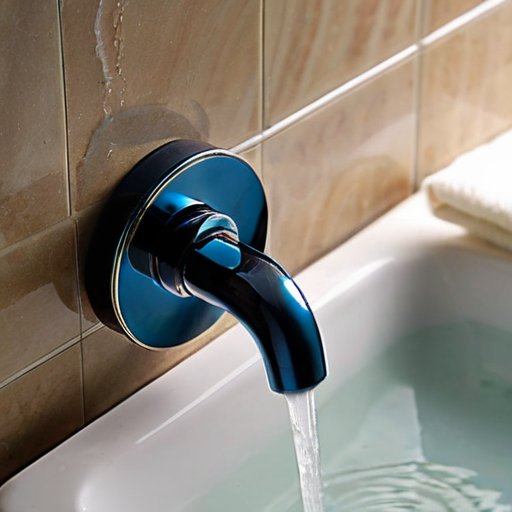 Современный смеситель для ванной с износом и минеральными отложениями, крупный план ручки и переключателя, капли воды, чистая ванная комната на фоне.