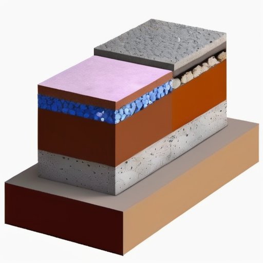 Срез бетонного блока с пометками материалов, измерительными инструментами и оборудованием для тестирования.