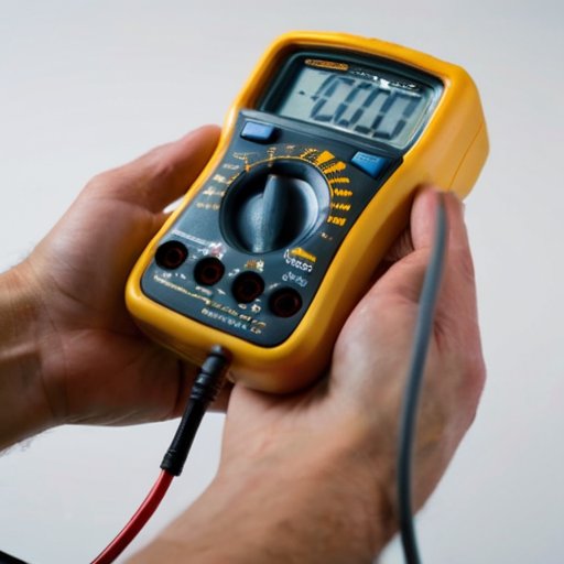 Цифровой мультиметр измеряет сопротивление в системе подогрева пола на фоне теплого плиточного пола.