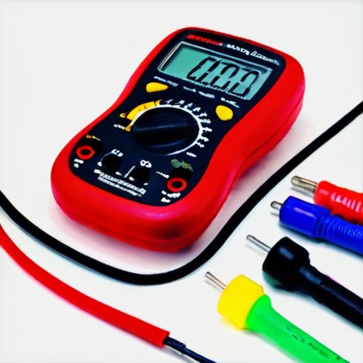 Цифровой мультиметр с измерением сопротивления на рабочем столе рядом с цветными заземляющими проводами и средствами защиты. На заднем плане - электрическая схема.