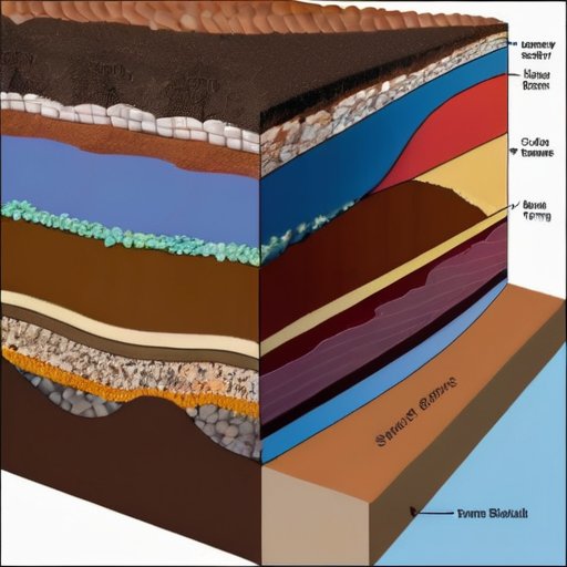 Срез почвы с различными типами реактивных почв, обозначенные слои, свойства и текстуры.