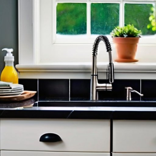 Современная кухня с чистой столешницей, открытой посудомоечной машиной и аккуратно расставленными средствами для чистки.