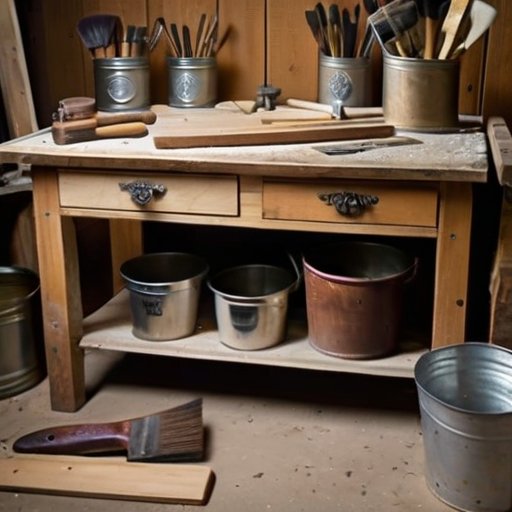 Рустикальная мастерская с мебелью, инструментами и восстановленным деревянным стулом.