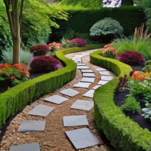 Уютная садовая дорожка из бюджетных материалов, окружённая цветами и растениями.