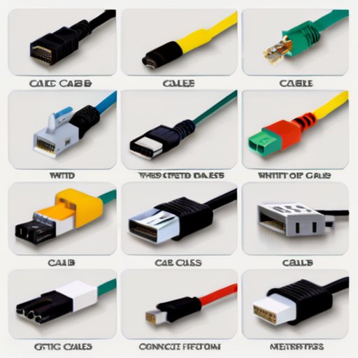 Разнообразие сетевых кабелей на белом фоне: витая пара, коаксиальный и оптоволоконный, с подписями и цветовой кодировкой.