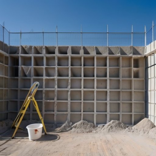 Стенка из серых блоков с свежей штукатуркой, инструменты для штукатурки на строительном фоне.