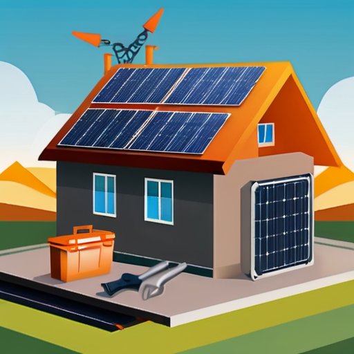 Крыша с солнечными панелями, инструменты и диаграмма, символизирующие возобновляемую энергию.