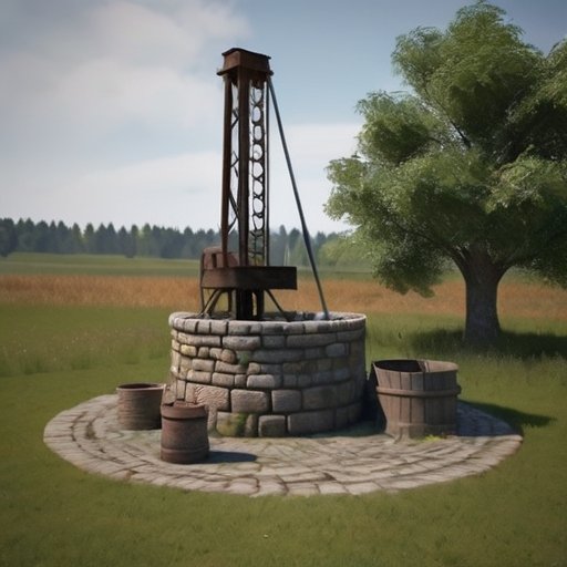 Сельская сцена: традиционный колодец из камня рядом с современным буровым станком.