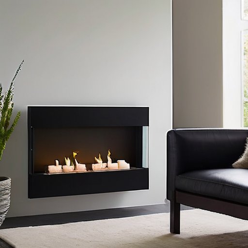 Современная уютная гостиная с биоэтаноловым камином, минималистичной мебелью и теплым освещением.