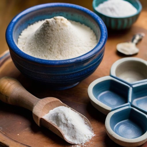 Рустикальный деревянный стол с материалами для лепки: мука, соль, measuring cup, скалка, цветные глины, блокнот с заметками и инструменты.