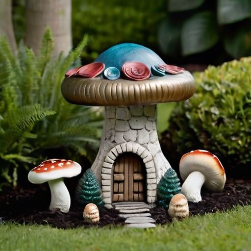 Спокойный сад с цементными фигурами, зеленью и яркими цветами.