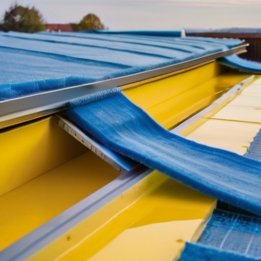 Плоская крыша с утеплителем из стекловаты, инструменты рядом, ясное небо.