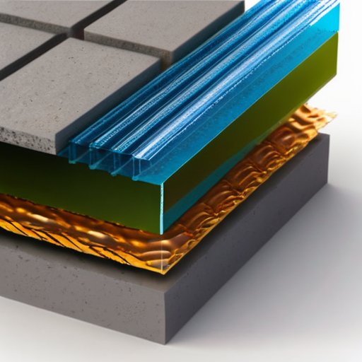 Срез современного строительного объекта с армированным стекловолокном бетоном, контраст между гладким стекловолоконным арматурой и грубой сталью, преимущества нового материала.