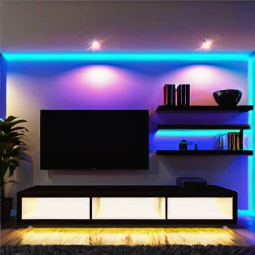 Современный интерьер с яркими светодиодными лентами, уютная атмосфера.