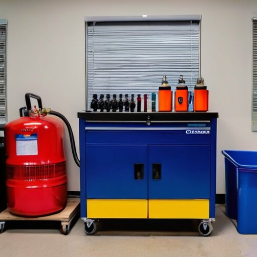 Организованное рабочее место для обслуживания кондиционеров с инструментами и оборудованием.