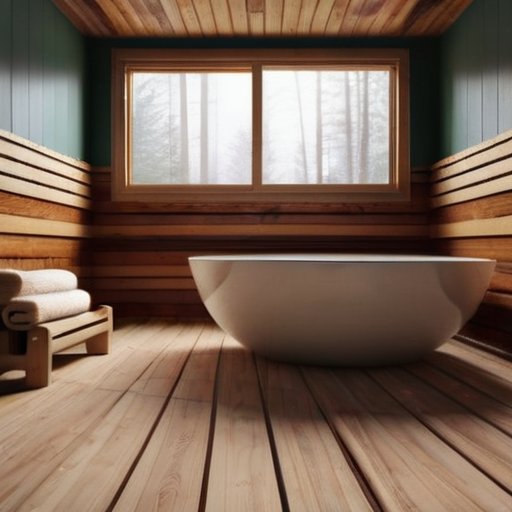 Уютный пол ванной с установленной системой теплого пола, деревянная плитка, видимые кабели, инструменты и пар.