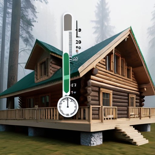 Деревянный домик в туманном лесу с термометром и гигрометром, показывающими температуру и влажность, иллюстрирующий конденсацию и важность утепления.