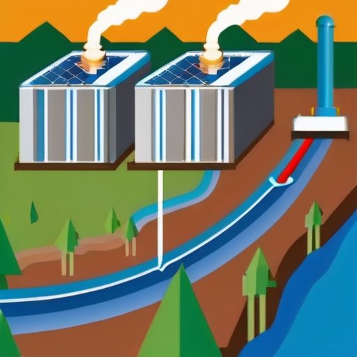 Современная централизованная система горячего водоснабжения с котлом, трубопроводами и станцией распределения тепла, включая элементы возобновляемой энергии.