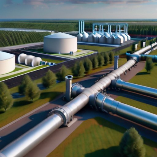 Современный городской пейзаж с газопроводами и зелеными зонами.