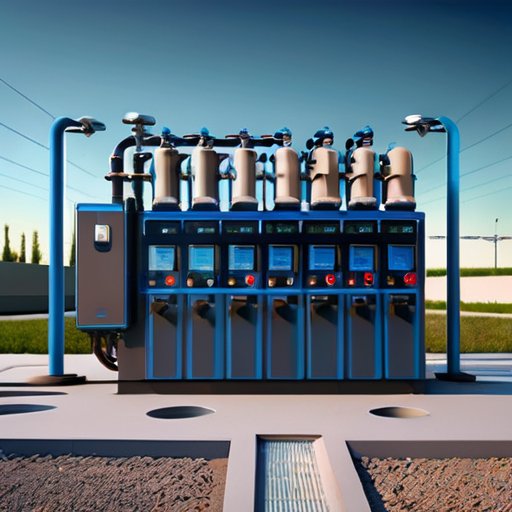 Современная газораспределительная станция с трубопроводами, регулирующими устройствами и счетчиками на фоне ясного голубого неба.