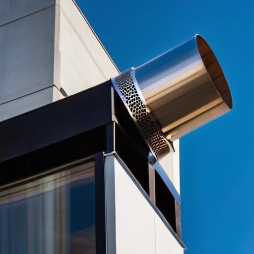 Современная турбина-дымоход на крыше здания с аэродинамическим дизайном и городским пейзажем на фоне.