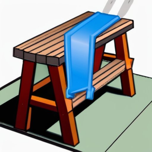 Станция для изготовления уличного туалета: деревянный верстак с инструментами, деревянные доски, рулетка и эскиз. Фон — природа.