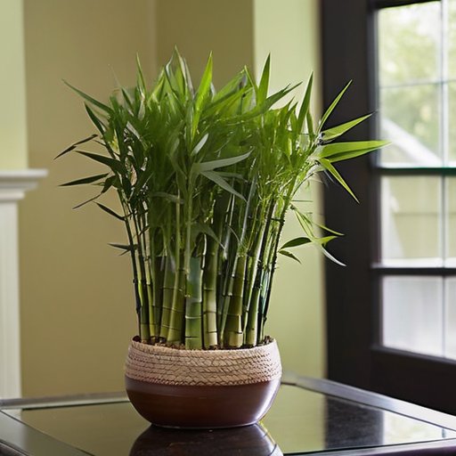 Спокойная комната с бамбуком в горшке, солнечный свет и другие растения.