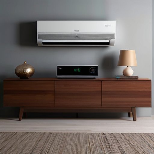 Современная гостиная с скрытым кондиционером, стильной мебелью и уютной атмосферой.