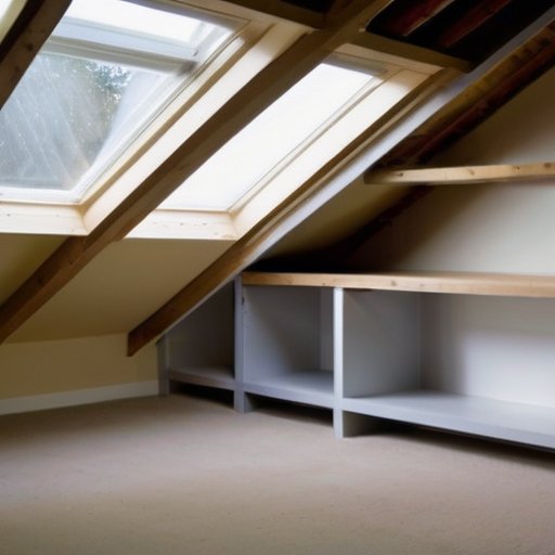 Чердак с вентиляционными трубами и кондиционером, открытыми окнами и уютными деревянными балками.