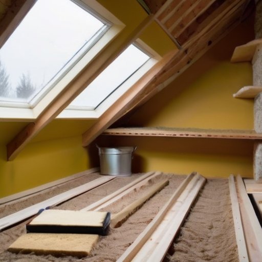 Уютный чердак с установленными изоляционными материалами и инструментами, подчеркивающий комфорт и энергоэффективность.