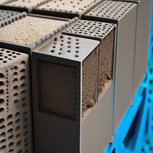 Срез бетонного блока с пористой структурой, капли воды проникают в поры, на фоне строительной площадки.