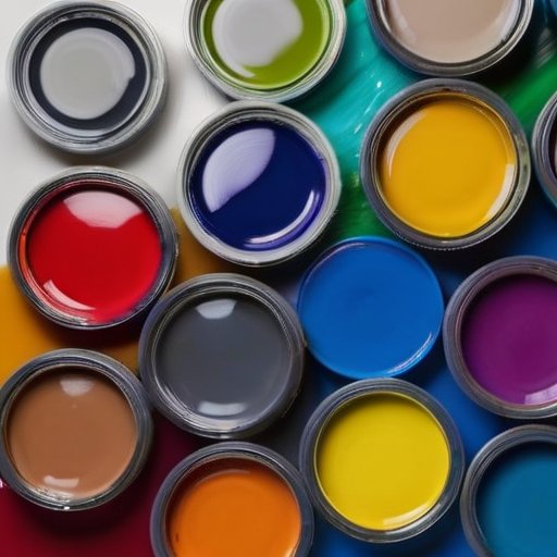 Яркая палитра с водоразбавляемыми красками, кисти и чистая поверхность для нанесения на фоне свежепокрашенной стены.