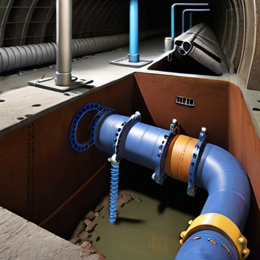 Сложная подземная система канализации с трубами, воздушными карманами и признаками засоров. Инструменты для обслуживания рядом.