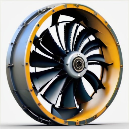 Схема осевого вентилятора с обозначением основных компонентов и направлением потока воздуха.