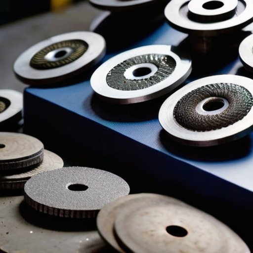 Коллекция алмазных дисков разного размера на рабочем столе с фоном из строительных материалов.