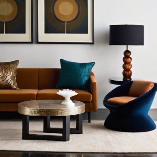 Современный интерьер с разнообразной мебелью: деревянный стол, металлический стул, пластиковый табурет, стеклянный кофейный столик и мягкий диван.