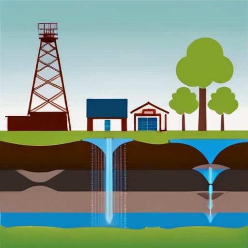 Спокойный пейзаж с буровой установкой для водяной скважины на фоне летнего неба и зелёной травы.