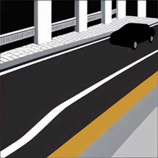 Городская улица с разнообразными бордюрами, пешеходными переходами и элементами безопасности.