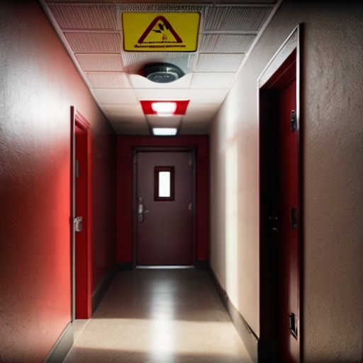 Коридор с детектором дыма, открытым окном, огнетушителем и знаками пожарной безопасности.