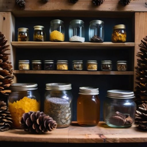 Рустикальная мастерская с натуральной смолой и шишками сосны, традиционные инструменты для сбора смолы на фоне.