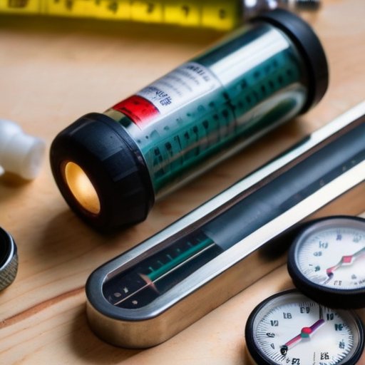 Тюбик жидких гвоздей на рабочем столе среди строительных материалов с часами и термометром.