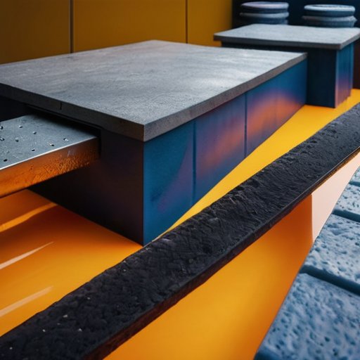 Современная строительная площадка с заливкой жидкого камня в формы, яркие цвета и текстуры, инструменты и техника на фоне.