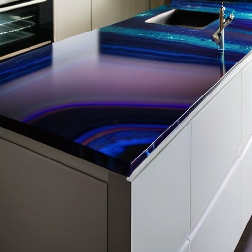 Современная столешница из жидкого камня с гладкой поверхностью и яркими узорами на фоне минималистичной кухни.