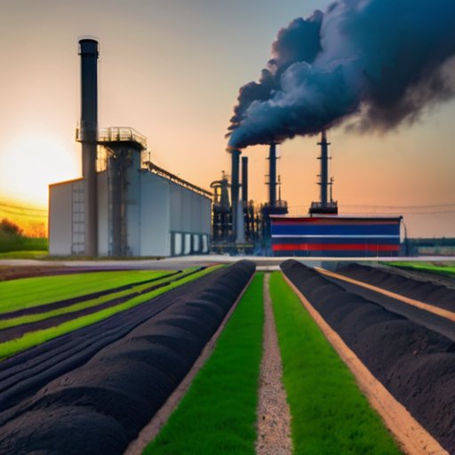 Яркий индустриальный пейзаж с кучами угольной, биомассовой и нефтяной золы, современным заводом и элементами устойчивого развития.